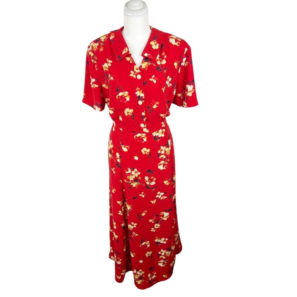 Vintage Norton McNaughton Dress Women 14 Red Floral Maxi Collared Casual